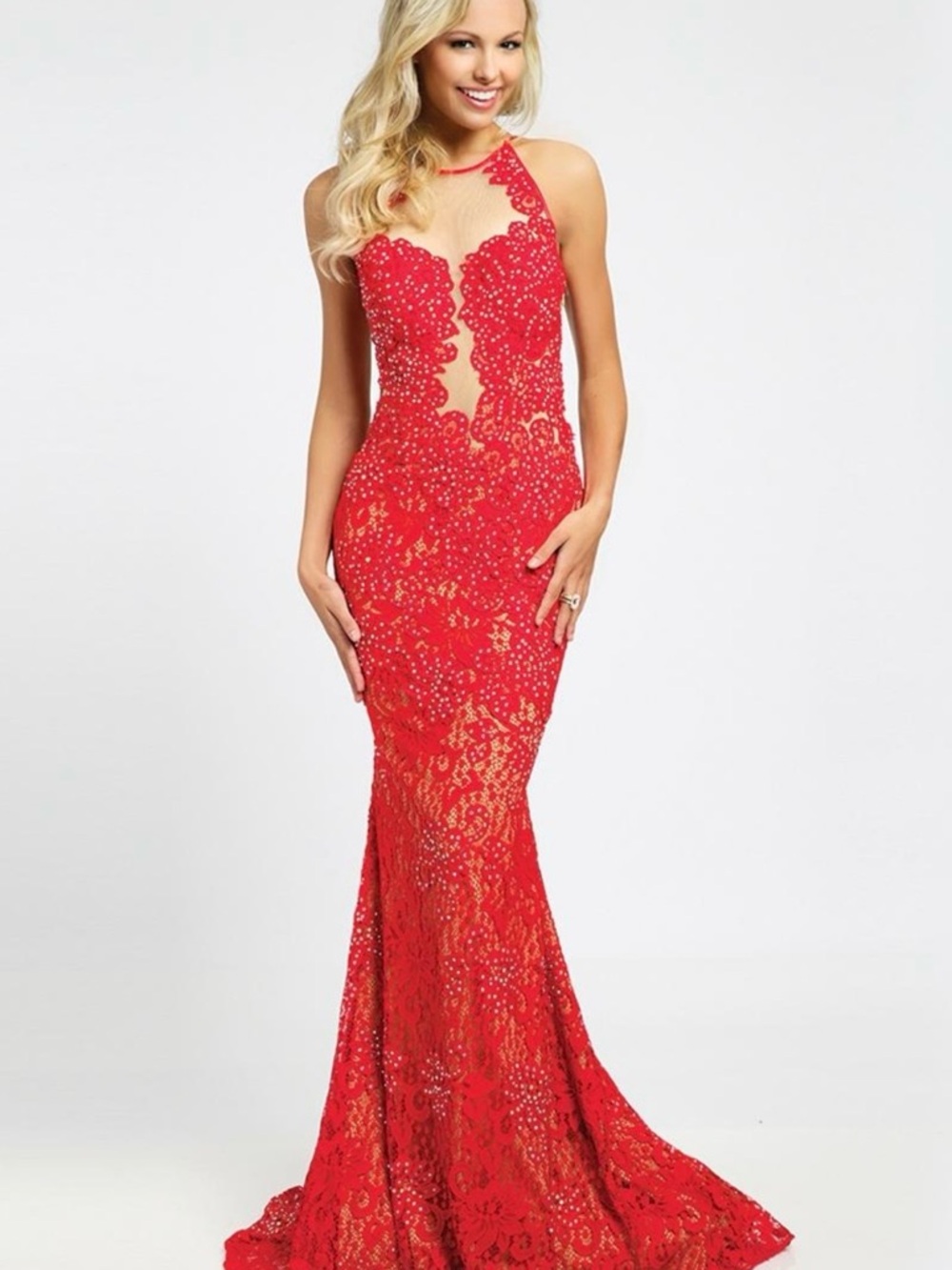 Red Lace Halter Mermaid Evening Dress